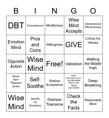 DBT Skills Bingo! Bingo Card