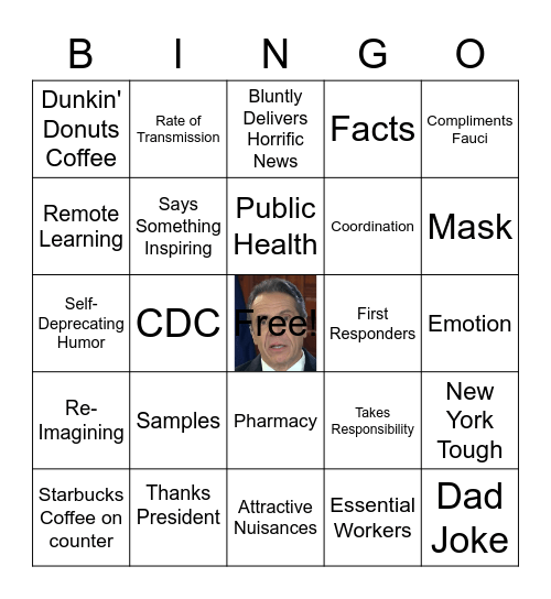 Governor Cuomo Press Conference BINGO  (c) 2020 Dan Barton & Tammy Green  Patent Pending Bingo Card