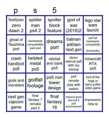 ps5 reveal Bingo Card