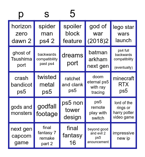 ps5 reveal Bingo Card