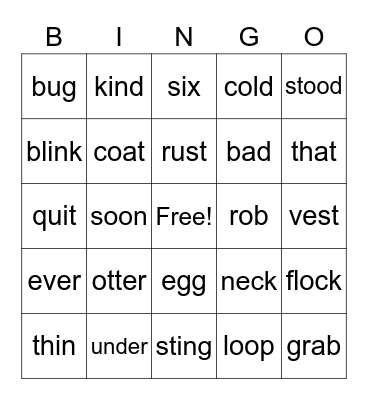 Key Word Review Bingo Card