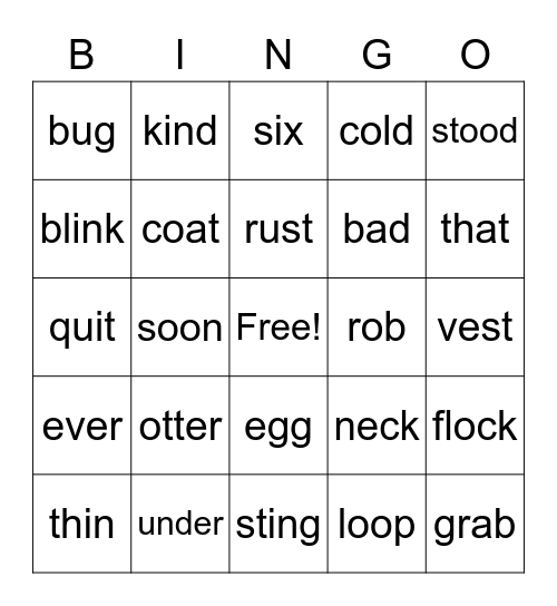 Key Word Review Bingo Card