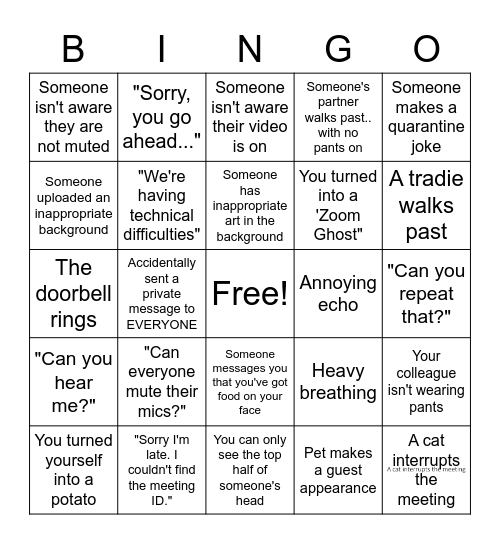 Zoom meeting Bingo Card