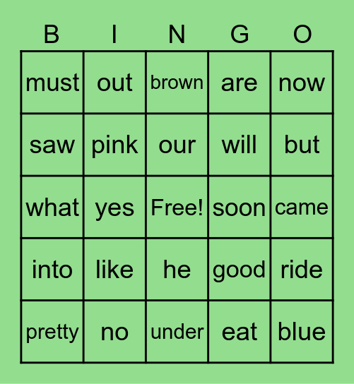 Sight Word Bingo Card