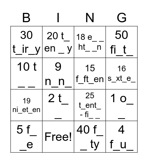 Numbers Bingo Card