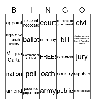 Constitution Day Bingo Card