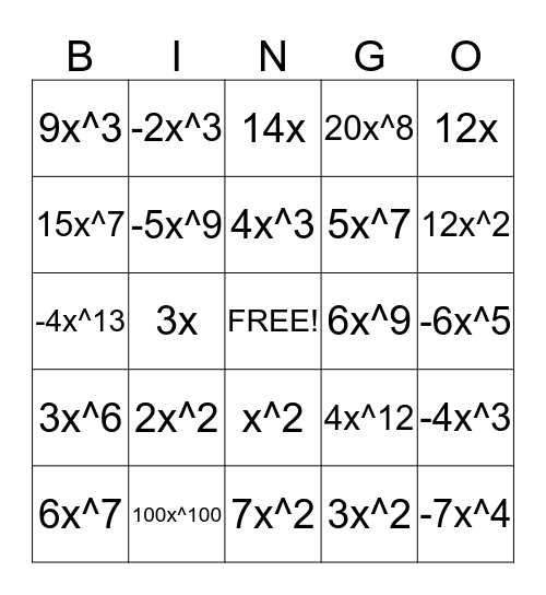 Exponent Bingo Card