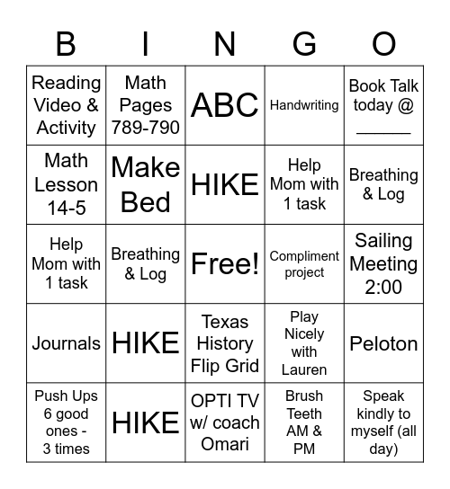 Thursday Bingo Card