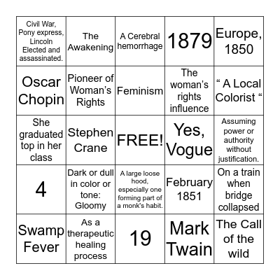 Realism Era Bingo Card