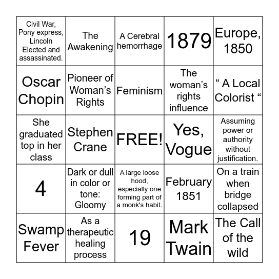 Realism Era Bingo Card