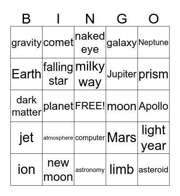 Outer Space Time Bingo Card