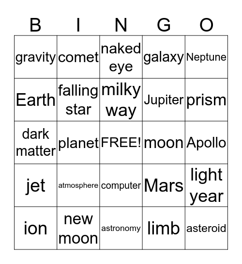 Outer Space Time Bingo Card