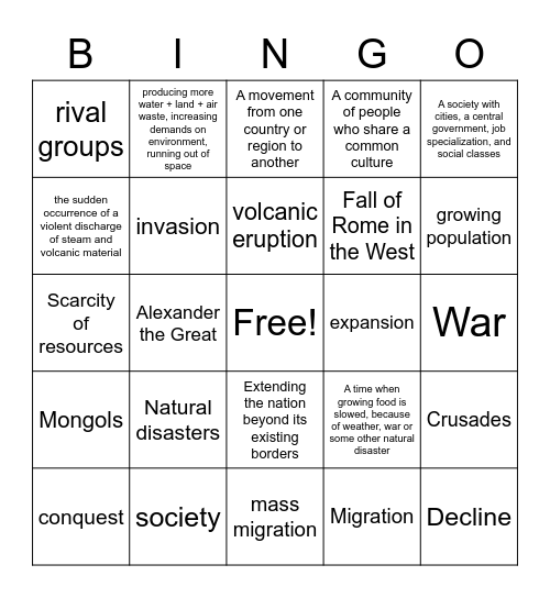 Decline of Civilizations Vocabulary List Bingo Card