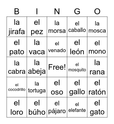 Voces 19 - Los Animales Bingo Card