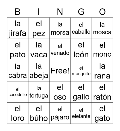 Voces 19 - Los Animales Bingo Card