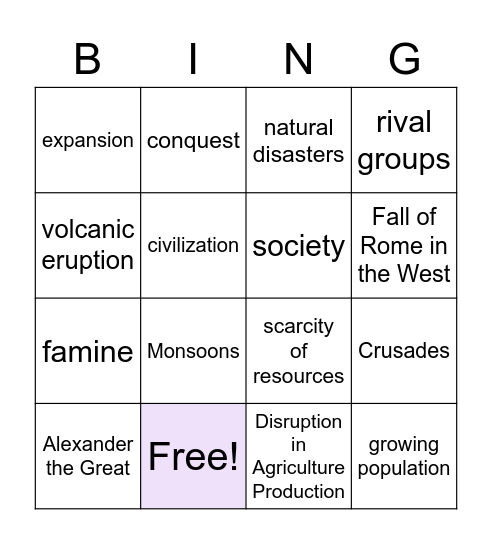 Decline of Civilizations Vocabulary Bingo Card