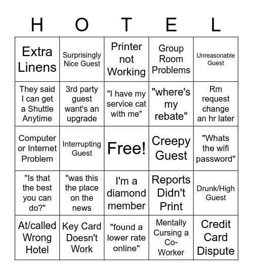 Hotel Bingo Card