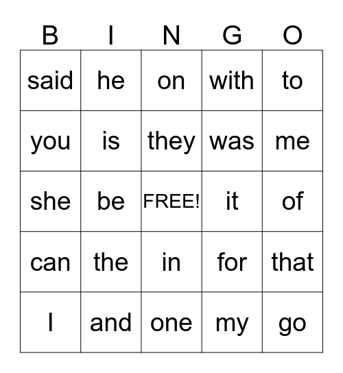First 25 Words Bingo Card