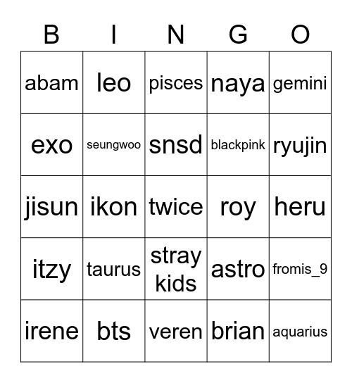 punya jisun Bingo Card