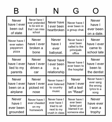 NEVER HAVE I EVER Bingo Card