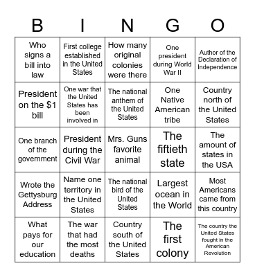 United States History Bingo Card