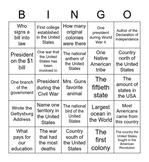 United States History Bingo Card