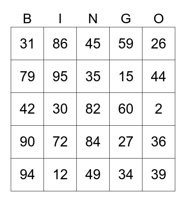 Number Bingo Card