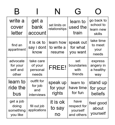 Independent Living Bingo Card