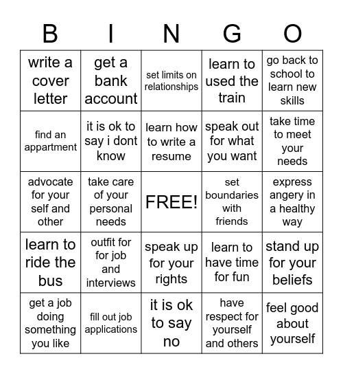 Independent Living Bingo Card