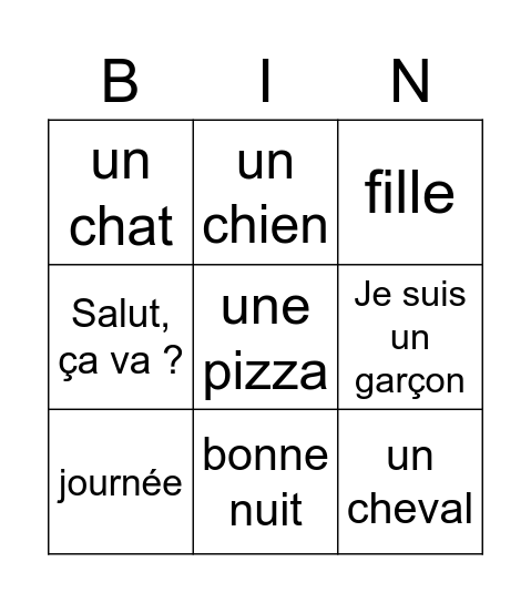 French Bingo Card