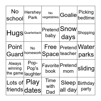 Dreams and Wishes Bingo Card