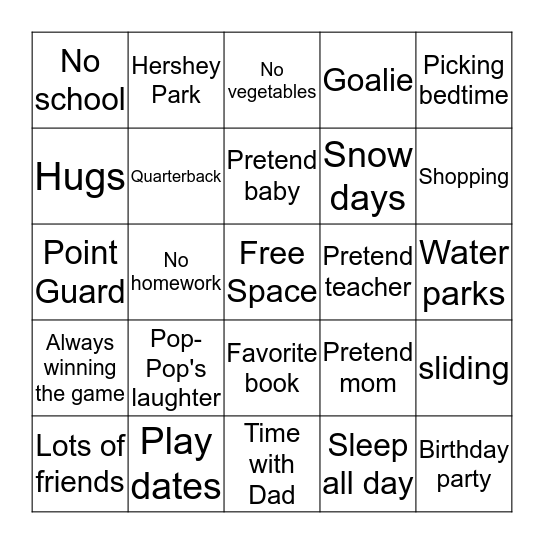 Dreams and Wishes Bingo Card