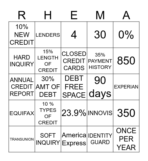 RHEMA CREDIT EDUCATION  Bingo Card
