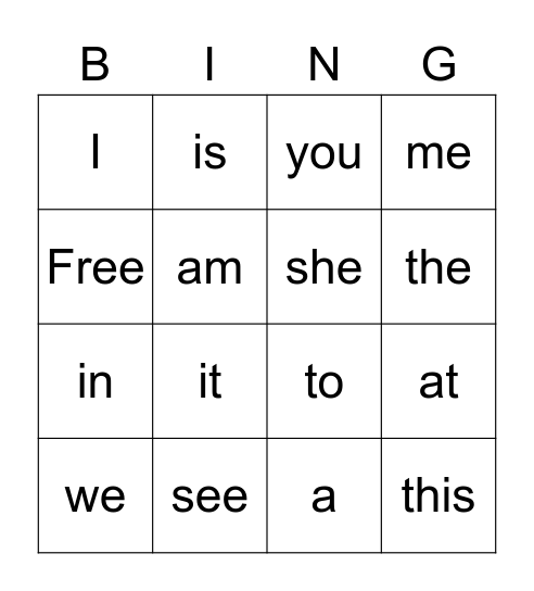Sight Word Bingo Card