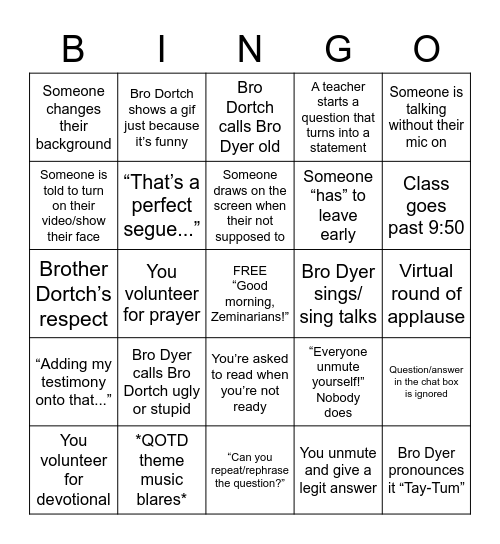 BW Ward Zeminary Bingo Card