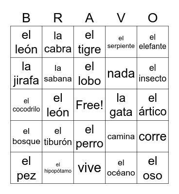 Los animales 2 Bingo Card