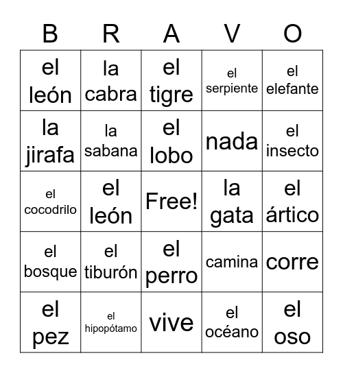 Los animales 2 Bingo Card