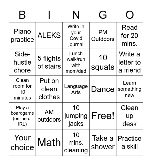 Chloe School@Home Bingo Card