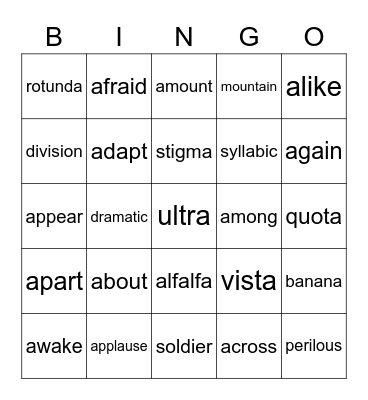 schwa a beg+end Bingo Card