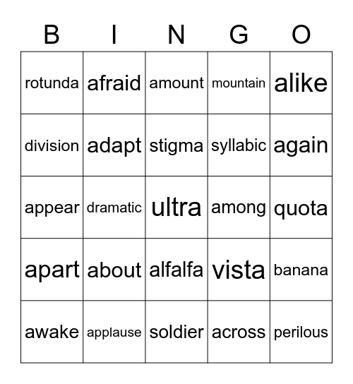 schwa a beg+end Bingo Card