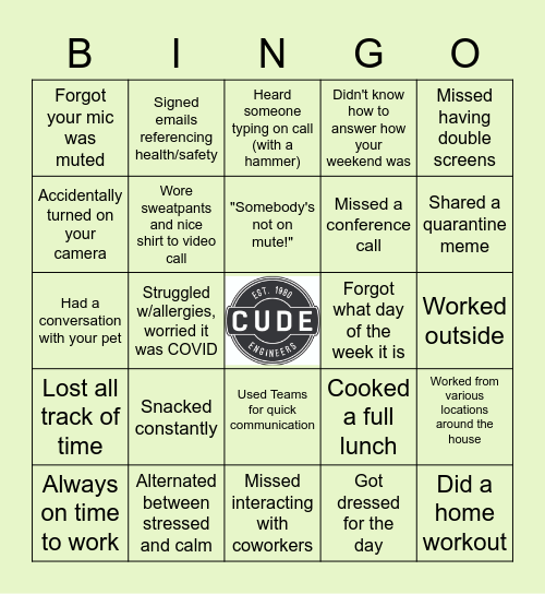 Cude Bingo-WFH Edition Bingo Card