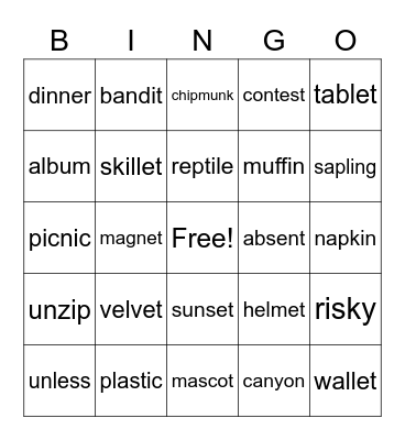 Non-twin syllable division Bingo Card