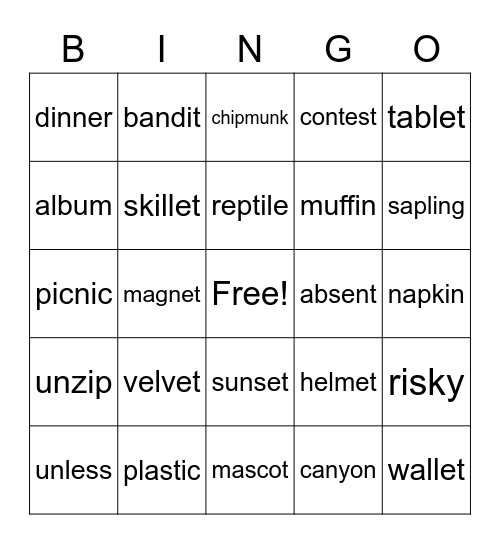Non-twin syllable division Bingo Card