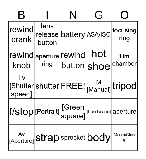 CAMERA Bingo Card