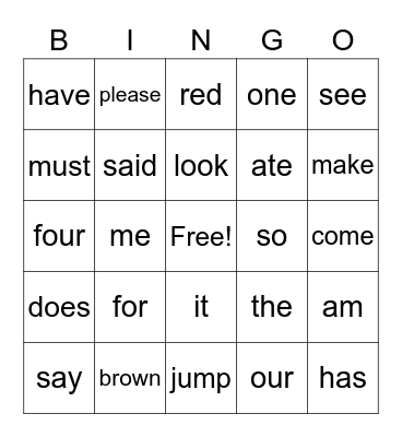 Sight Words 2 Bingo Card