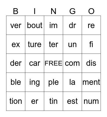 High Frequency Syllable Speed Drill BINGO Card