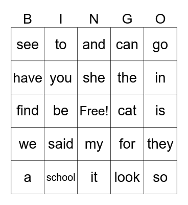 Shelby's Sight Words Bingo Card