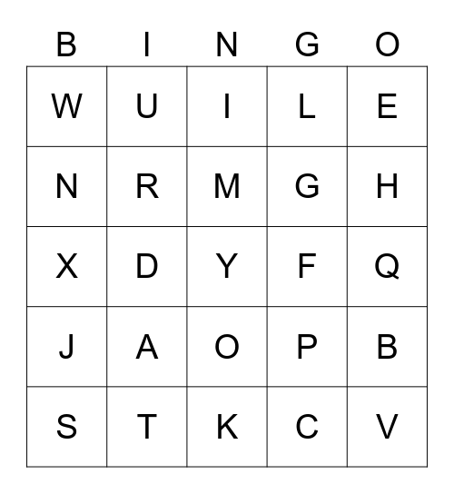 Upper Case Alphabet Letter Bingo Card