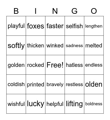 words with suffixes - Bingo Card