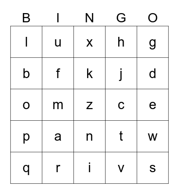 Lower Case Letters Bingo Card